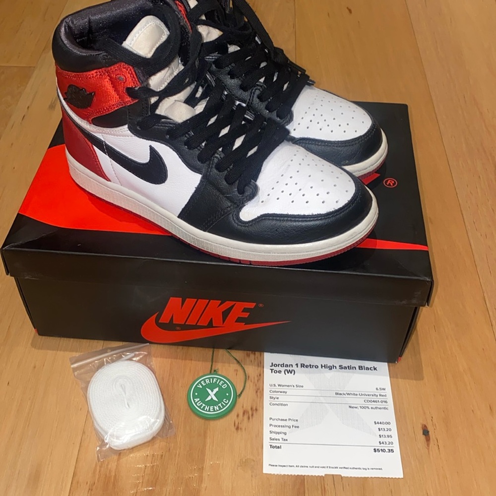 WOMENS AIR JORDAN 1 RETRO HIGH 'SATIN BLACK TOE' – SIZE US 6.5 W